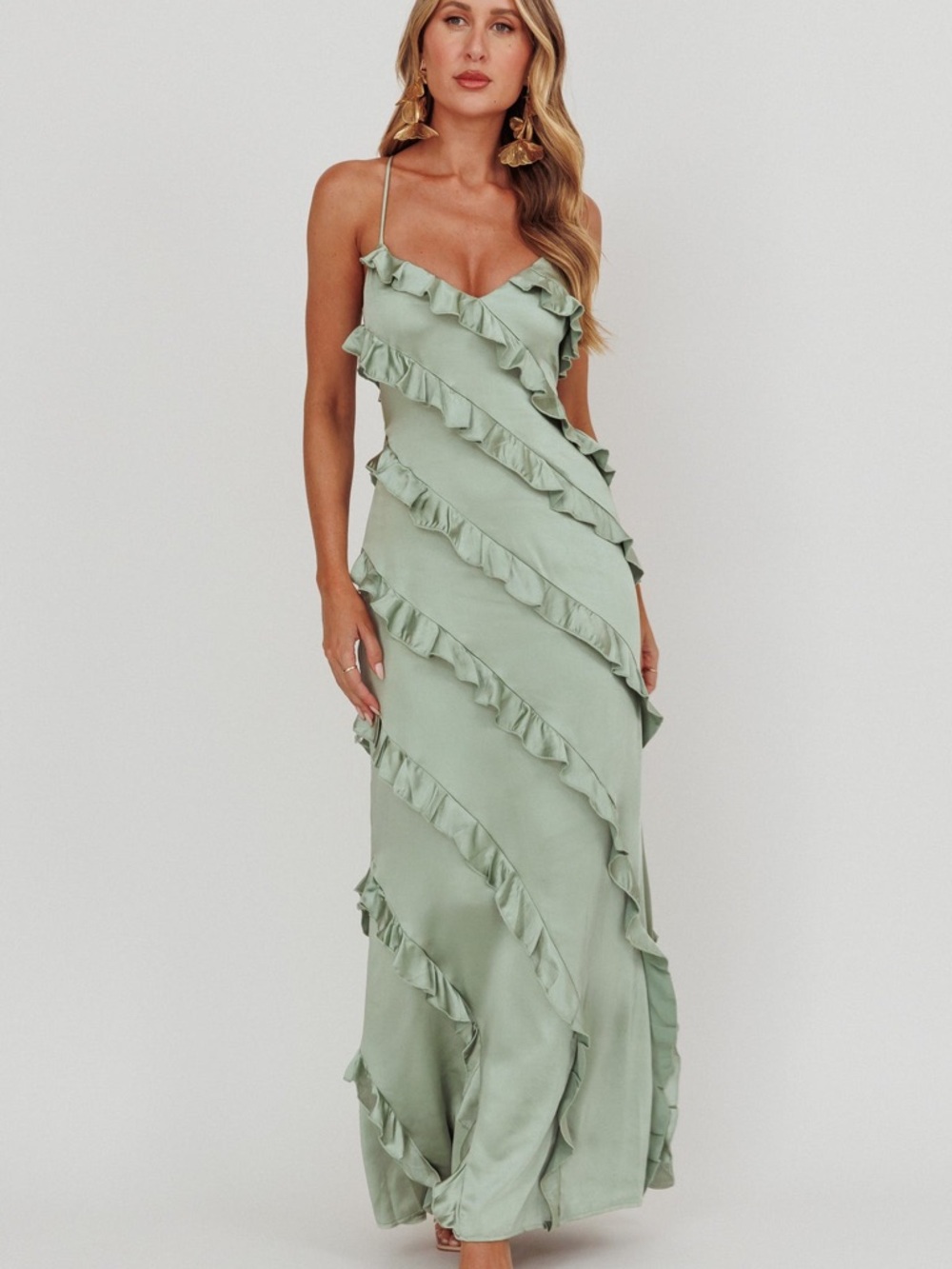 Selfie Leslie- Arrabel Ruffle Trim Maxi Dress Sage